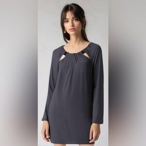 HALSTON Heritage Long Flare Sleeve Dark Gray Beaded Pleated Mini Cocktail Dress